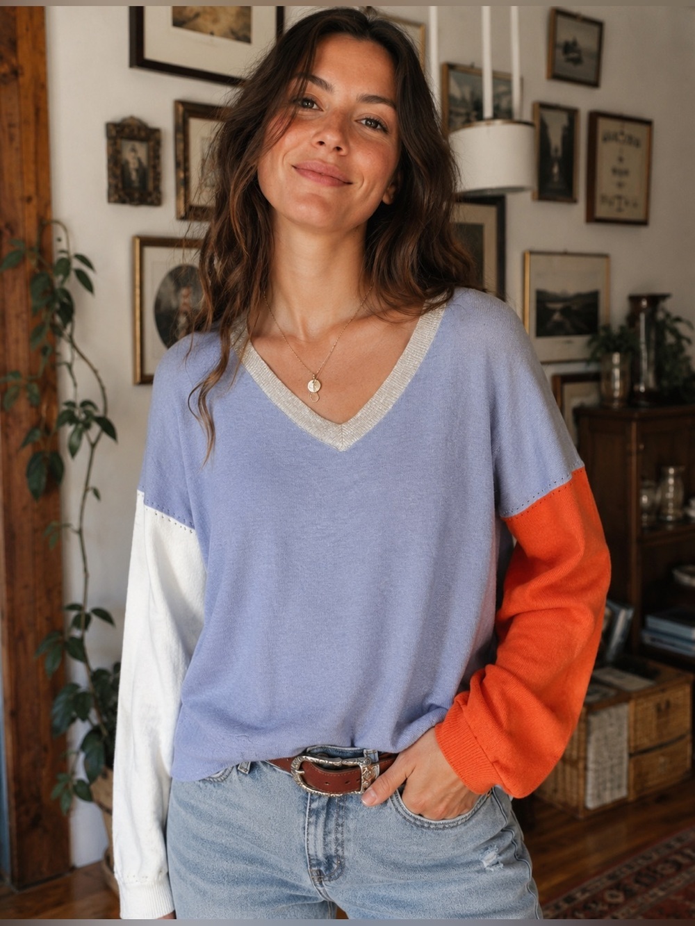 Whisper by Brodie Womens Sweater XS Silk Cotton V-neck Colorblock Quiet Luxury